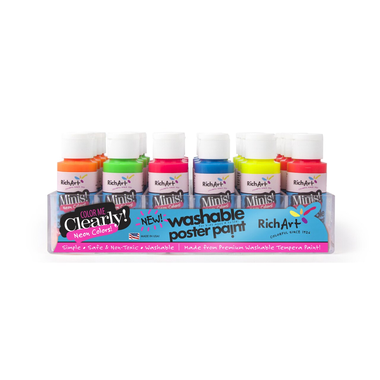 2oz “Minis” 6 Color – 24 Piece Washable Neon Paint Tray